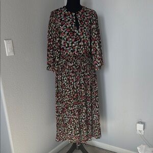 Elegant Black and Pink Maxi Dress with Tie Front and 3/4 Bishop Sleeves